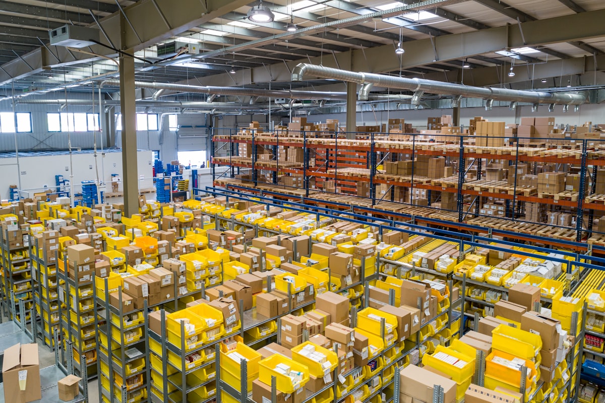 Warehouse shelves with organised inventory stock